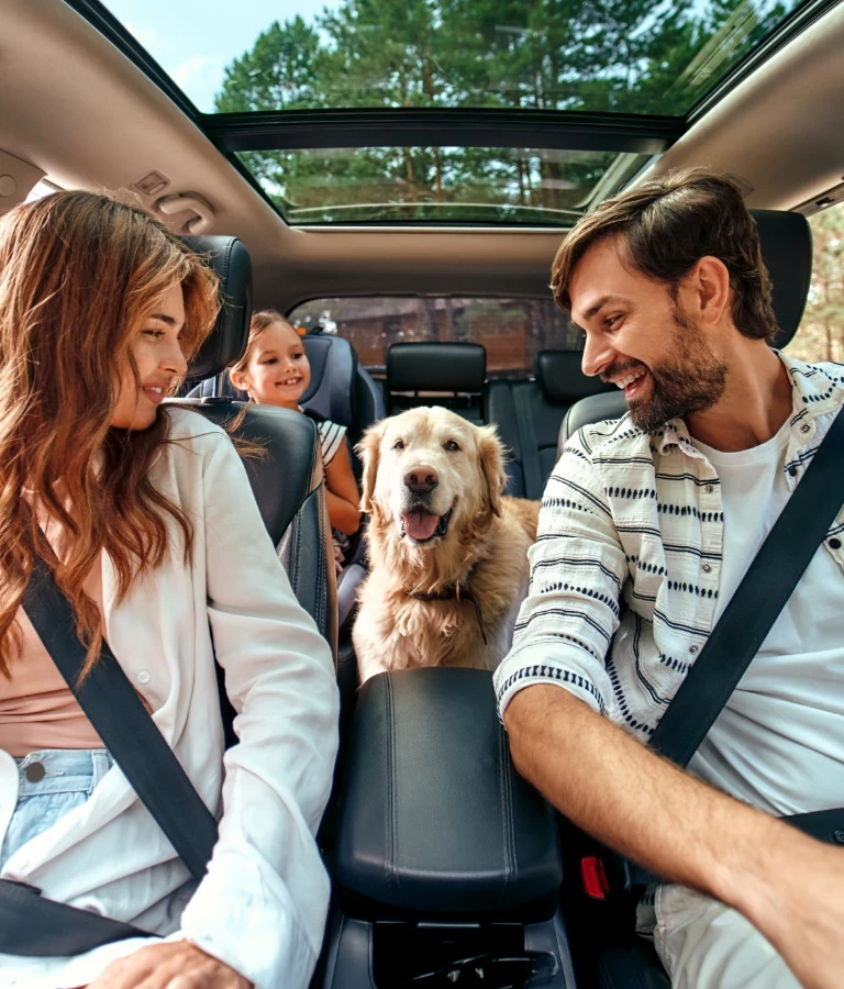 Ubezpieczenia Komunikacyjne rodzina z psem w samochodzie